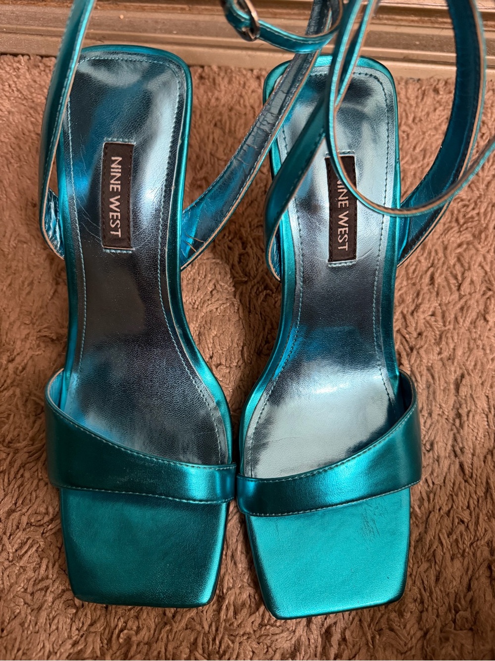 Nine West Metallic Teal Open-Toe Ankle-Strap Heels